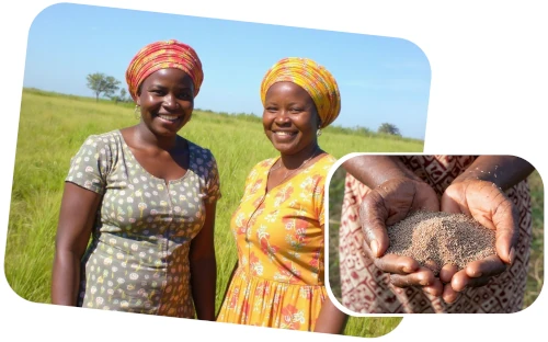 Smiling farmers in a lush fonio field holding harvested grains, representing fair trade and organic community farming.