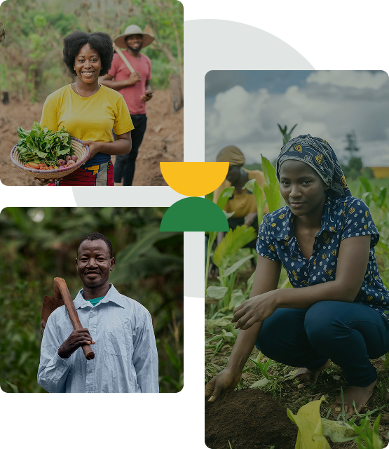 Diverse collage showing positive community impact: farmers smiling, educational activities, and improved infrastructure.